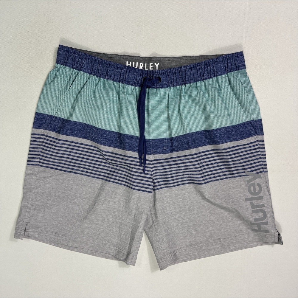 Hurley Surf Club Mens 2XL Swim Trunks Blue Grey Striped Lined Board Shorts Beach